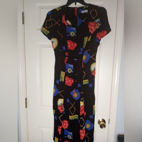 J.D. Stone 12 Black Multicolor Belt ShrtSlves SlitSides Rayon Women's Midi Dress - Picture 1 of 11